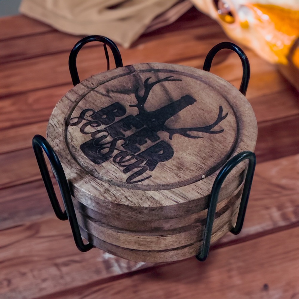 Rustic Wooden Coaster Set - Funny Beer Engraved Designs with Holder